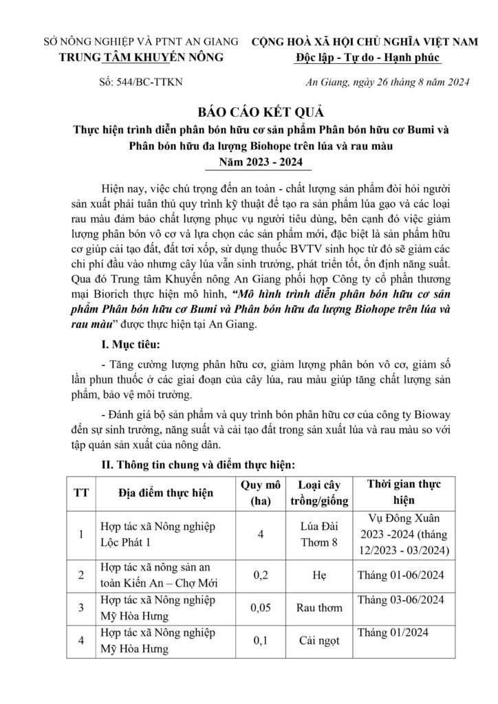 Báo cáo kết quả trình diễn mô hình